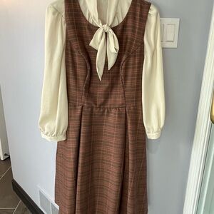 Plaid Brown and maroon ModCloth Dress with Cream Blouse